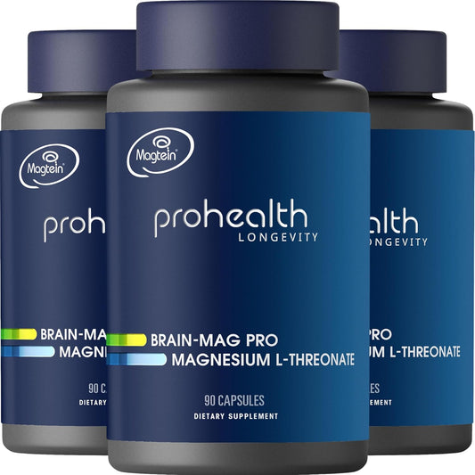 3-Pack ProHealth Magnesium L-Threonate (Magtein) Capsules - Clinically Proven for Brain Health - Enhance Learning, Memory, Focus - 270 Capsules Total