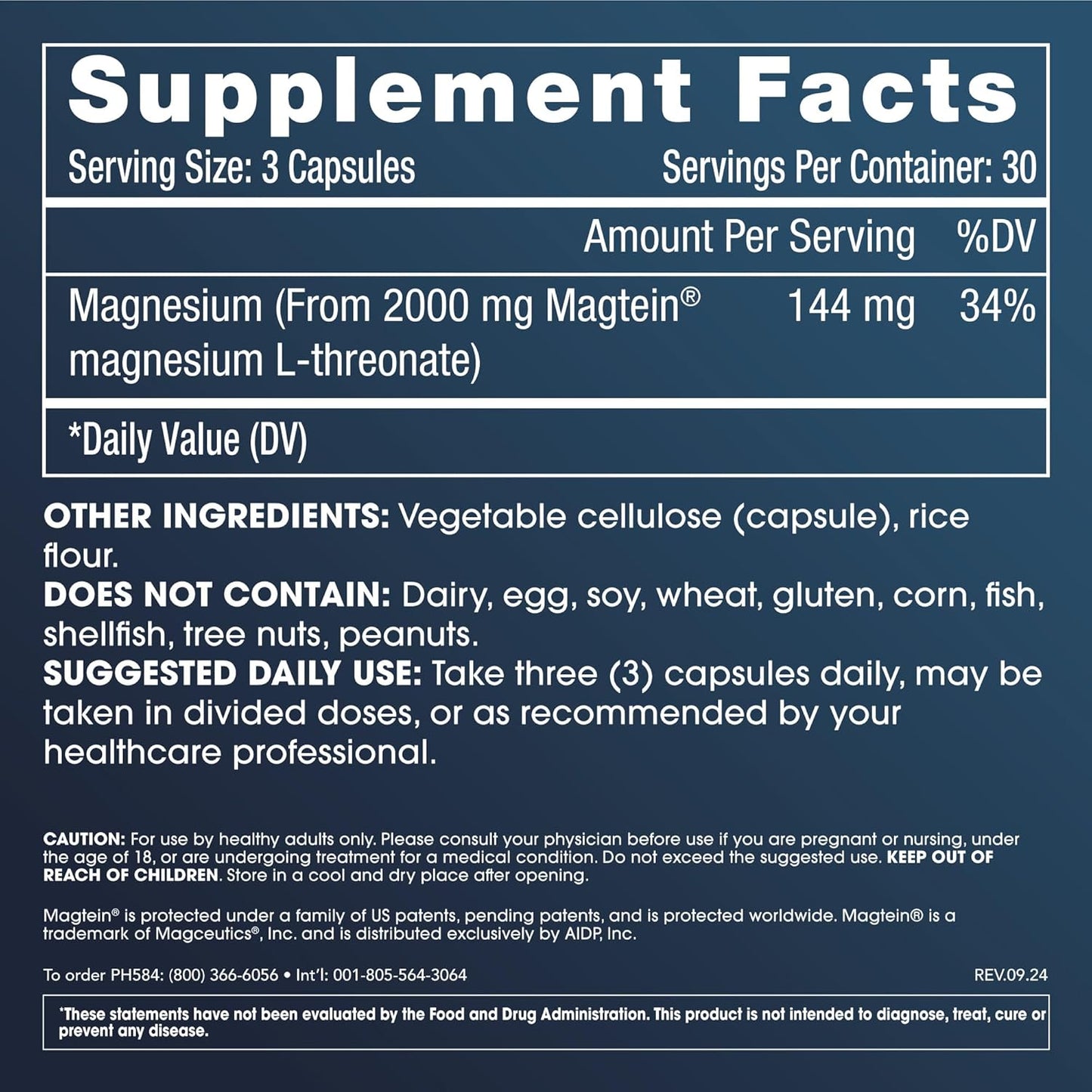3-Pack ProHealth Magnesium L-Threonate (Magtein) Capsules - Clinically Proven for Brain Health - Enhance Learning, Memory, Focus - 270 Capsules Total