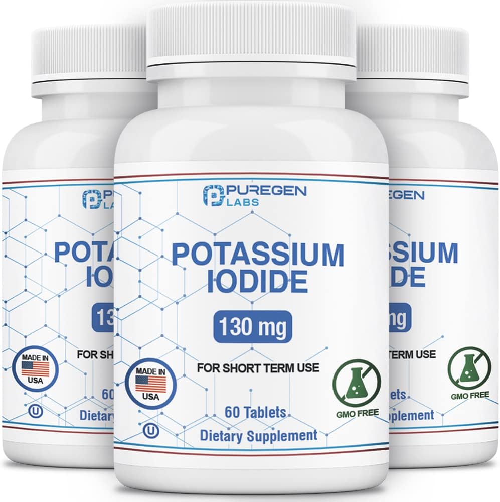 3-Pack Puregen Labs Potassium Iodide Tablets 130mg, Kosher Iodine Thyroid Support - 180 Tablets, Exp 07/2025