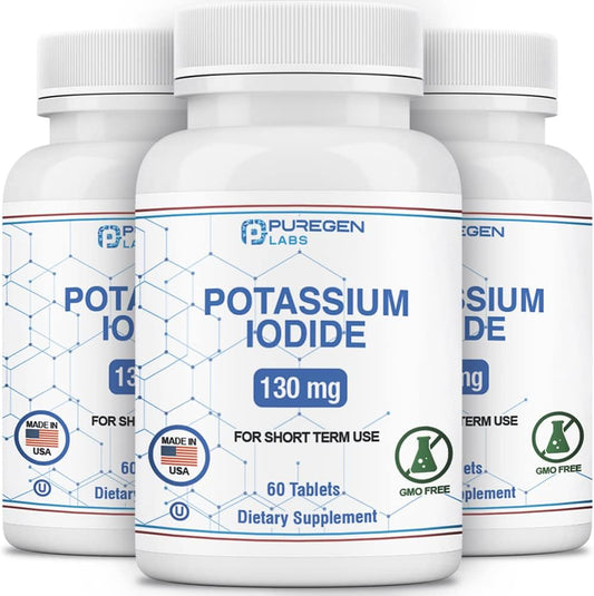 3-Pack Puregen Labs Potassium Iodide Tablets 130mg, Kosher Iodine Thyroid Support - 180 Tablets, Exp 07/2025