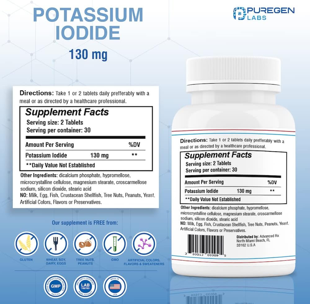 3-Pack Puregen Labs Potassium Iodide Tablets 130mg, Kosher Iodine Thyroid Support - 180 Tablets, Exp 07/2025
