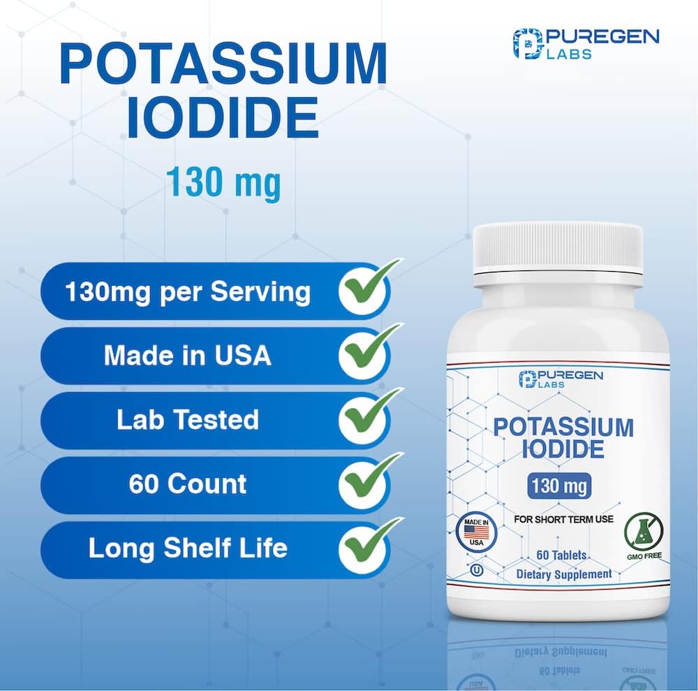 3-Pack Puregen Labs Potassium Iodide Tablets 130mg, Kosher Iodine Thyroid Support - 180 Tablets, Exp 07/2025