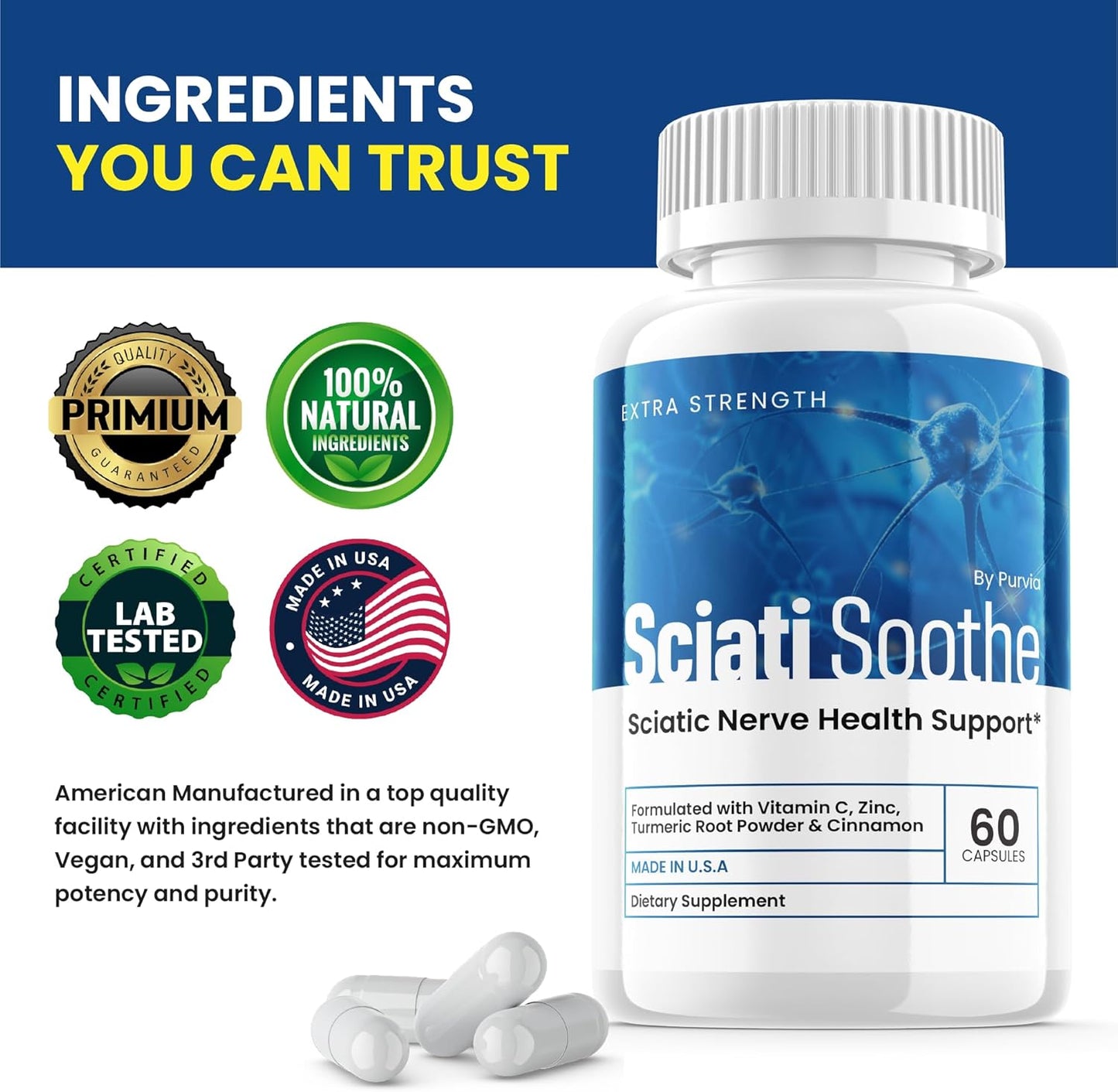 3-Pack Purvia Sciatisoothe Capsules for Sciatica Nerve Health - Advanced Wellness Support Formula (180 Capsules)