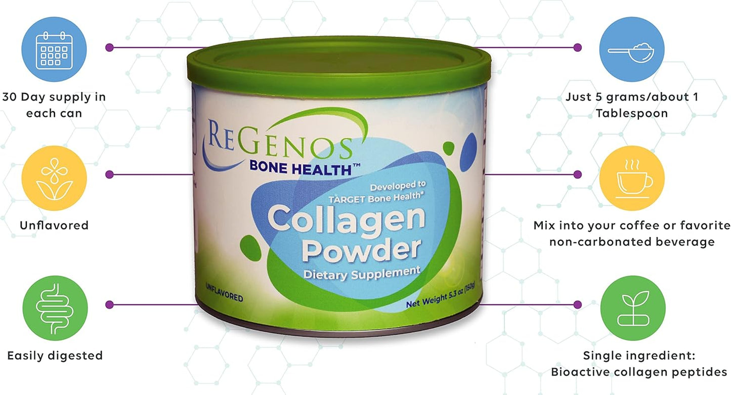 3 Pack ReGenos Bone Health Collagen Powder Supplement, Hydrolyzed Bioactive Collagen Peptides, Unflavored Protein - Gluten Free & Kosher - 30 Day Supply