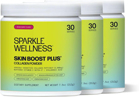 3-Pack Sparkle Wellness Skin Boost Plus (Mixed Berry) - Collagen Powder with VERISOL Peptides, Vitamin C, and Hyaluronic Acid for Improved Skin Elasticity