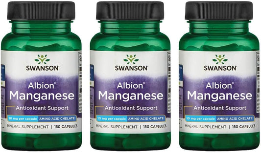 3 Pack Swanson Albion Chelated Manganese 10mg 180 Capsules - High Quality Supplement for Overall Health and Wellness