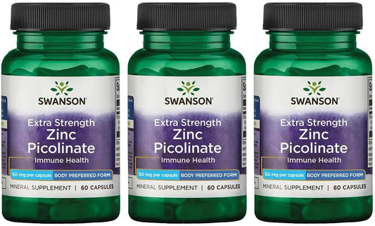 3 Pack Swanson Extra Strength Zinc Picolinate 50mg - Body Preferred Form 60 Capsules