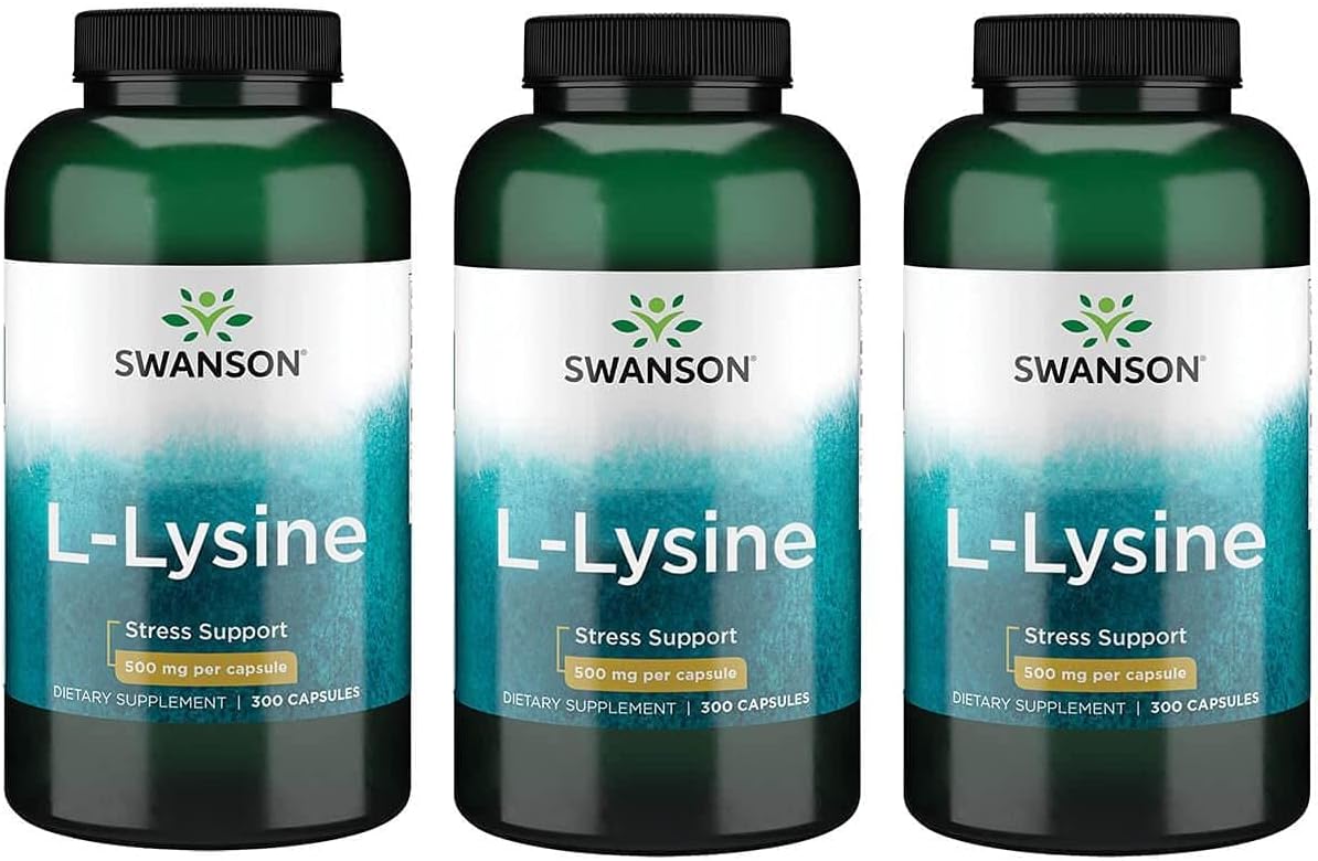 3 Pack Swanson Free Form L-Lysine Capsules for Stress Support and Nervous System Health - Promotes Calm Mood and Relaxation - 500mg, 300 Count