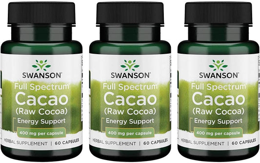 3 Pack Swanson Full Spectrum Cacao Herbal Supplement Capsules - Raw Cocoa for Mild Energy Support - Whole Fruit Formula - 60 Capsules, 400mg Each