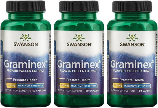 3-Pack Swanson Graminex Flower Pollen Extract Capsules for Men's Prostate, Urinary Tract, and Kidney Health - Maximum Strength Supplement