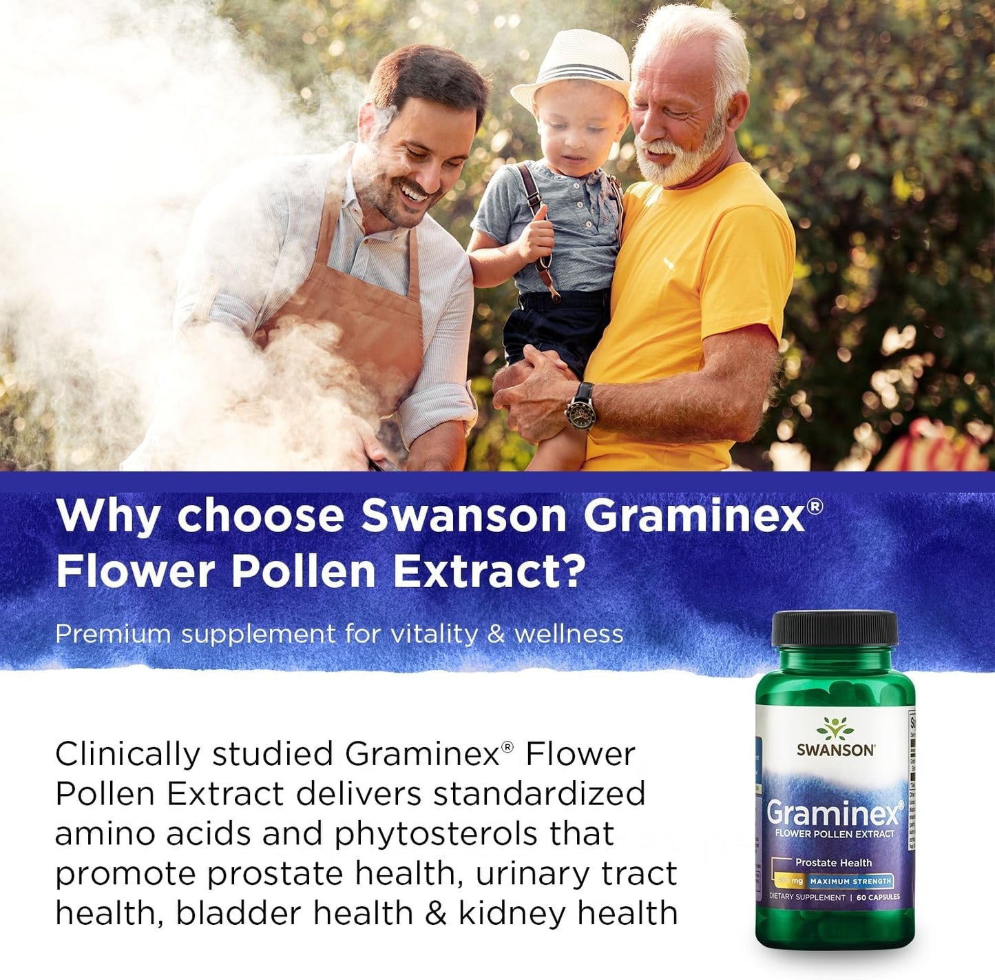 3-Pack Swanson Graminex Flower Pollen Extract Capsules for Men's Prostate, Urinary Tract, and Kidney Health - Maximum Strength Supplement