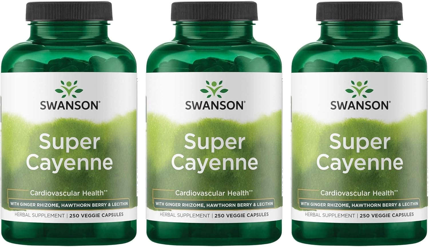 3-Pack Swanson Super Cayenne Herbal Supplement for Heart Health, Circulation, and Blood Flow - Natural Formula with Ginger, Hawthorne, and Lecithin - 250 Veggie Capsules