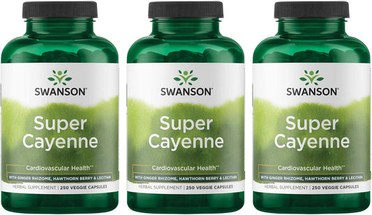3-Pack Swanson Super Cayenne Herbal Supplement for Heart Health, Circulation, and Blood Flow - Natural Formula with Ginger, Hawthorne, and Lecithin - 250 Veggie Capsules