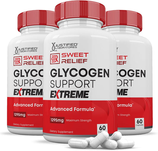 3 Pack Sweet Relief Glycogen Support Extreme Pills - Advanced Formula 1295MG - Zero Artificial Colors, Flavors, Preservatives - 180 Capsules