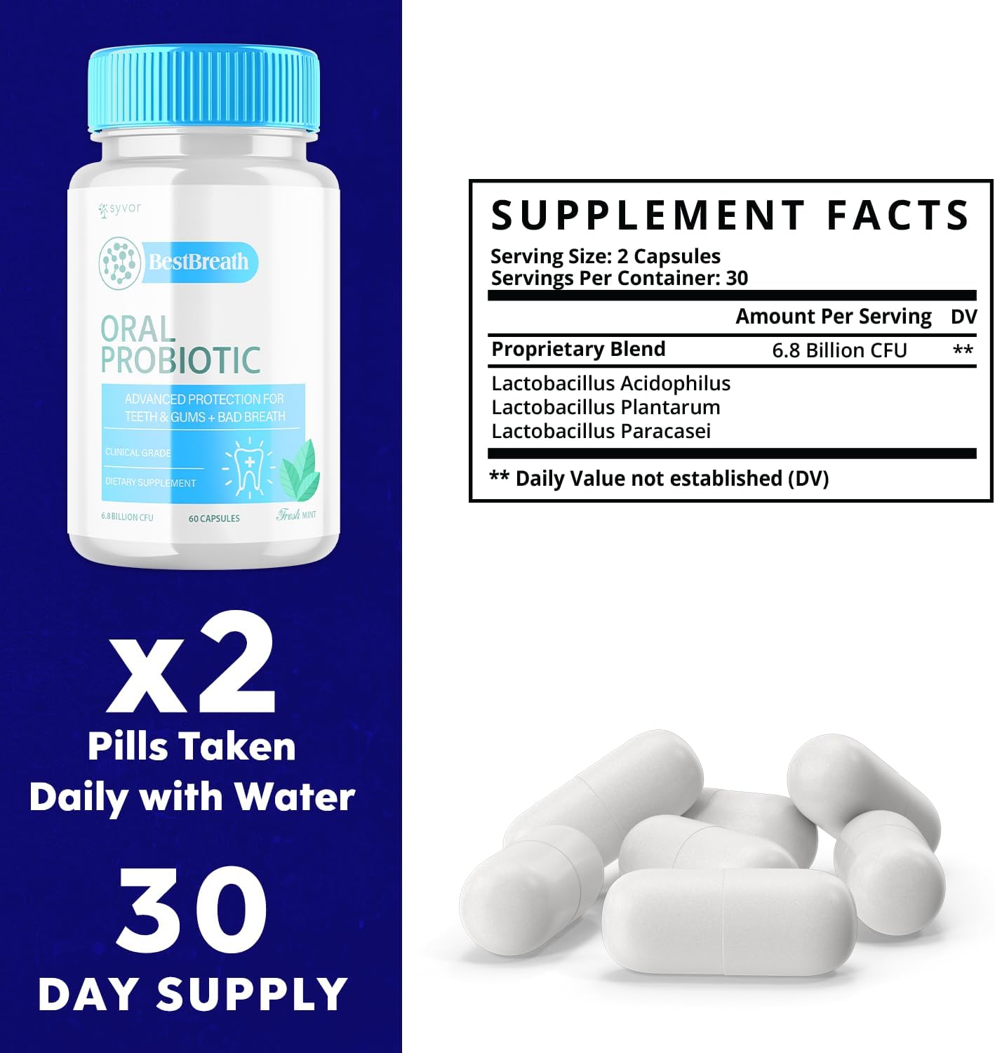 3 Pack Syvor Best Breath Oral Probiotic Capsules - Advanced Probiotics for Healthy Gums and Teeth - All Natural Pills to Combat Bad Breath (180 Capsules)