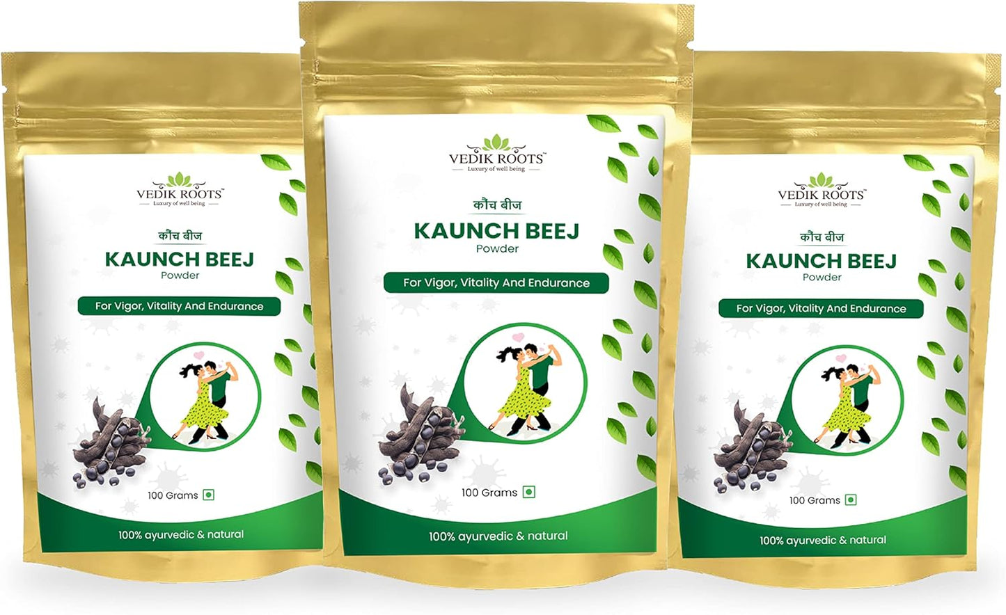 3 Pack VEDIKROOTS Kaunch Beej Powder for Enhanced Strength and Stamina - 100Gm Each
