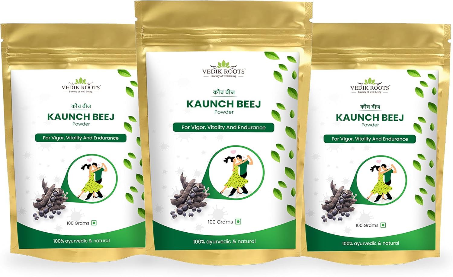 3 Pack VEDIKROOTS Kaunch Beej Powder for Enhanced Strength and Stamina - 100Gm Each