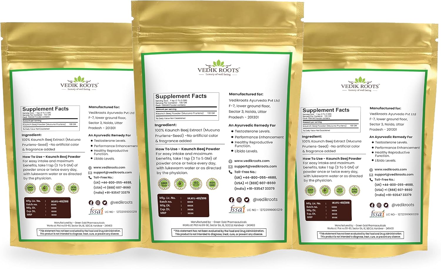 3 Pack VEDIKROOTS Kaunch Beej Powder for Enhanced Strength and Stamina - 100Gm Each