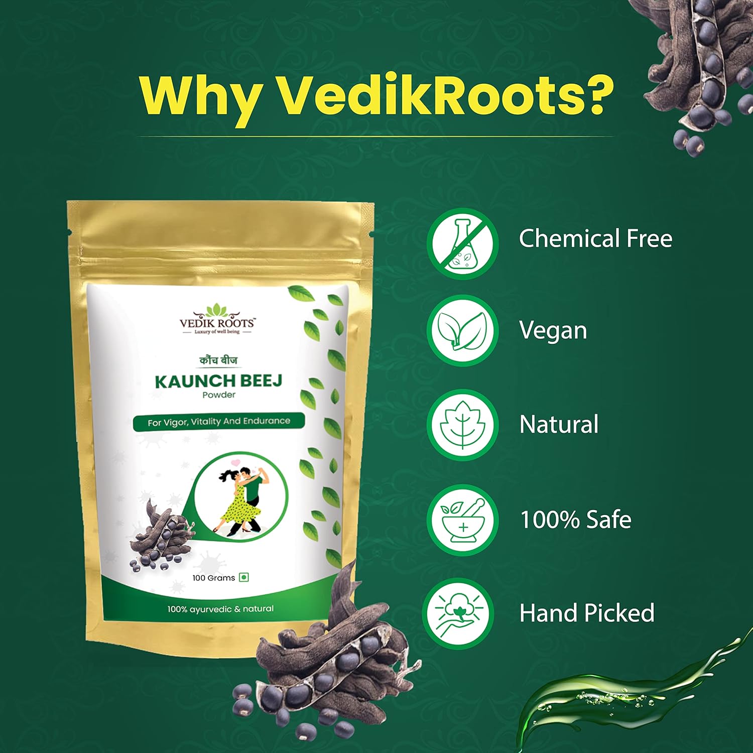 3 Pack VEDIKROOTS Kaunch Beej Powder for Enhanced Strength and Stamina - 100Gm Each