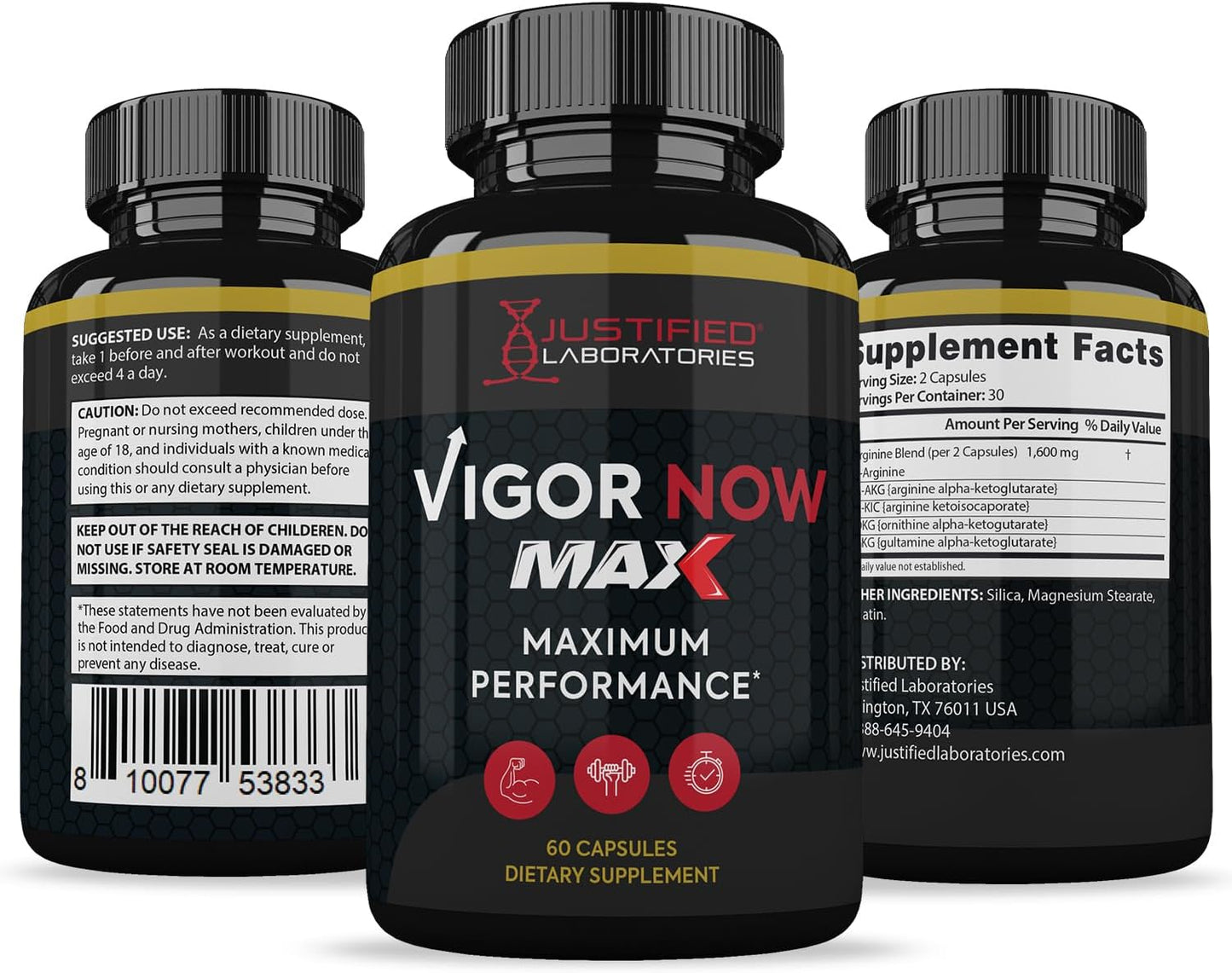 3-Pack Vigor Now Max 1600MG Advanced Men's Health Formula by Justified Laboratories - 180 Capsules