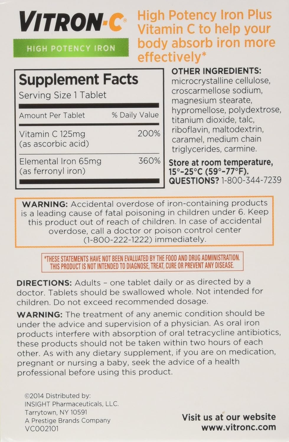 3 Pack VITRON-C High Potency Iron Plus Vitamin C Tablets - 60 Count