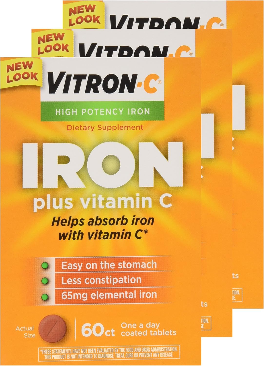 3 Pack VITRON-C High Potency Iron Plus Vitamin C Tablets - 60 Count