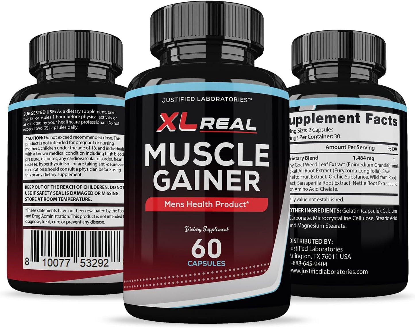 3 Pack XL Real Muscle Gainer Advanced Men's Health Formula - 180 Capsules by Justified Laboratories