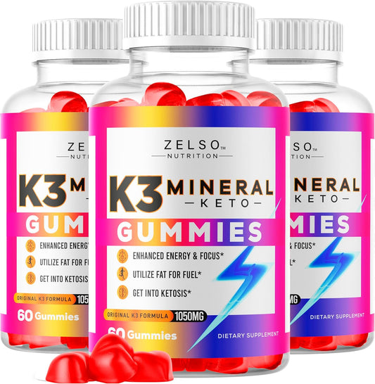3 Pack ZELSO K3 Mineral Keto Gummies - Weight Loss & Fat Blocker Supplement for Men and Women - 180 Gummies for 3 Months Supply