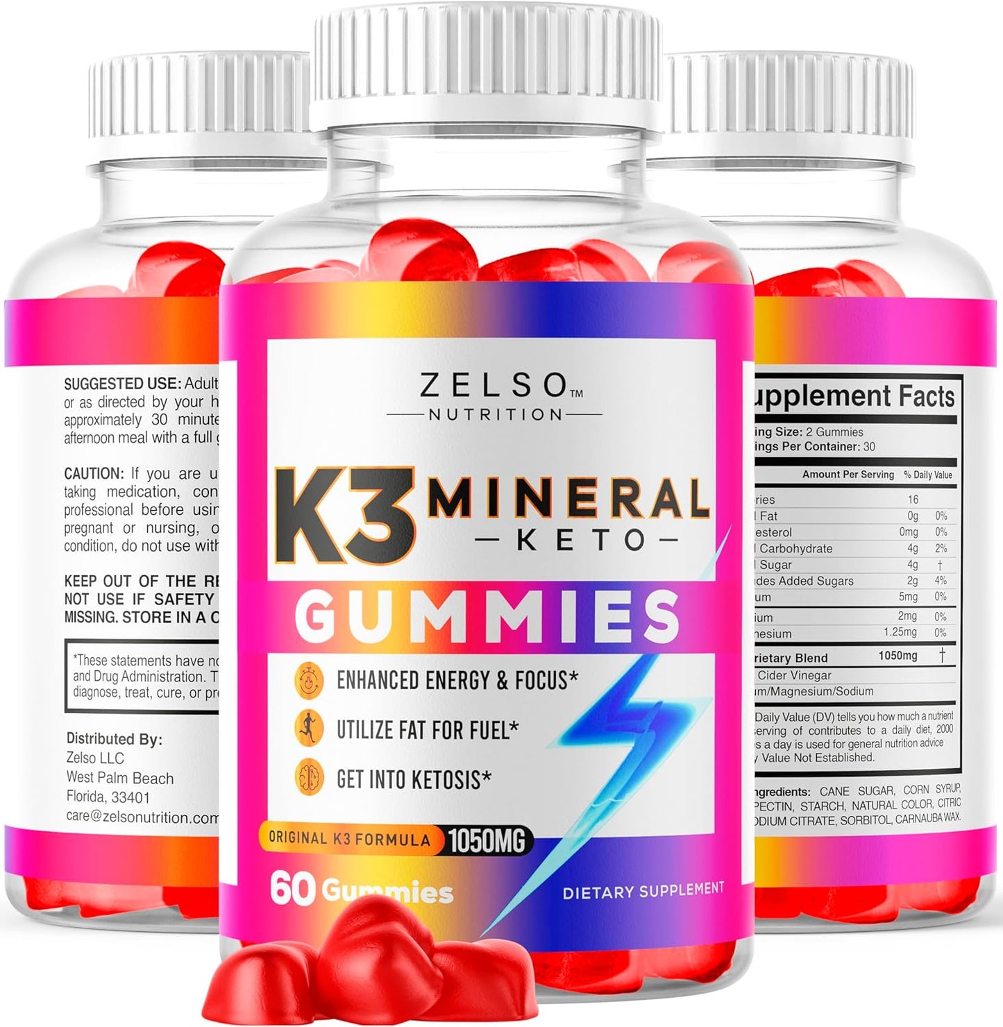 3 Pack ZELSO K3 Mineral Keto Gummies - Weight Loss & Fat Blocker Supplement for Men and Women - 180 Gummies for 3 Months Supply