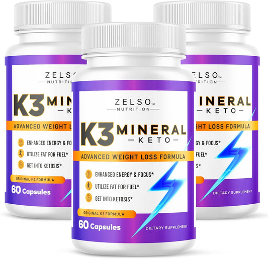 3 Pack ZELSO K3 Mineral Weight Loss Pills for Women and Men - Salt Mineral, Vitamin + Capsules Supplement - 180 Day Supply