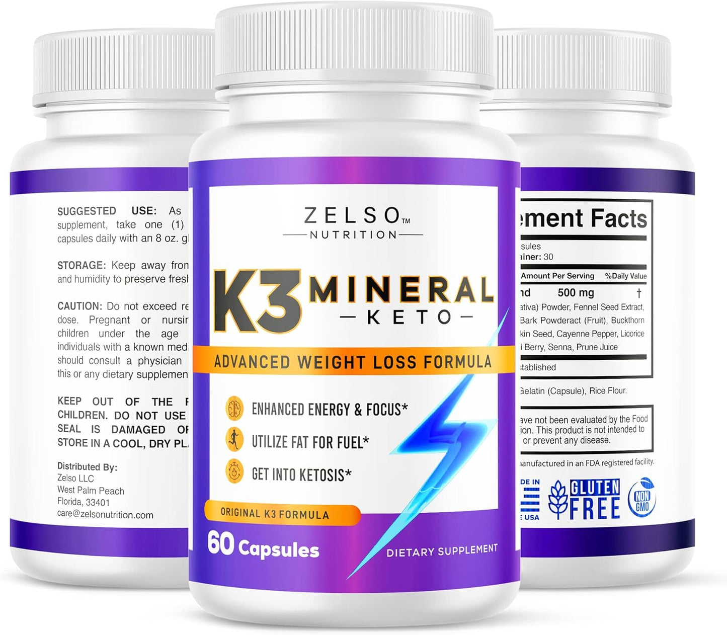 3 Pack ZELSO K3 Mineral Weight Loss Pills for Women and Men - Salt Mineral, Vitamin + Capsules Supplement - 180 Day Supply