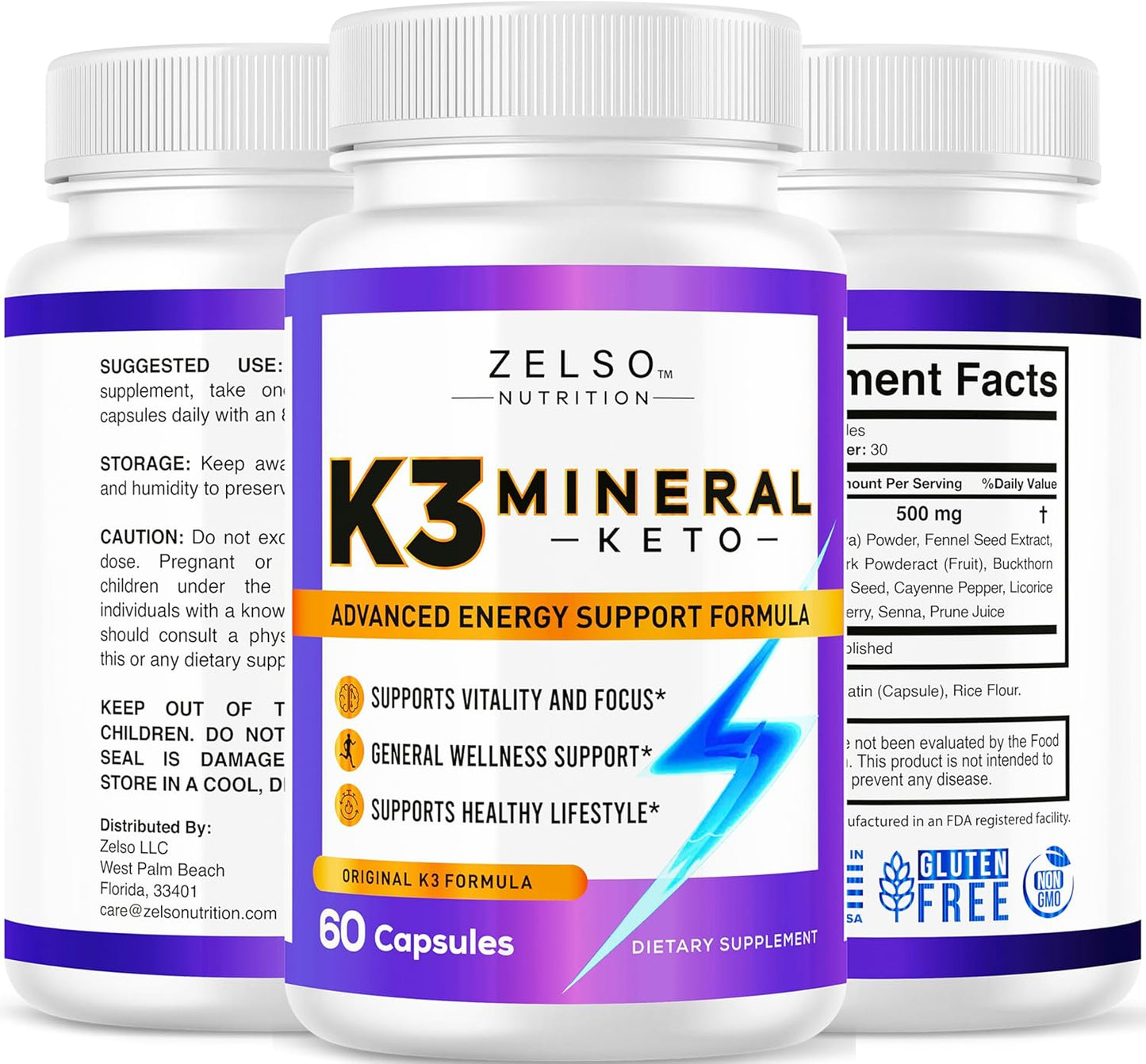 3 Pack ZELSO K3 Mineral Weight Loss Pills for Women and Men - Salt Mineral, Vitamin + Capsules Supplement - 180 Day Supply