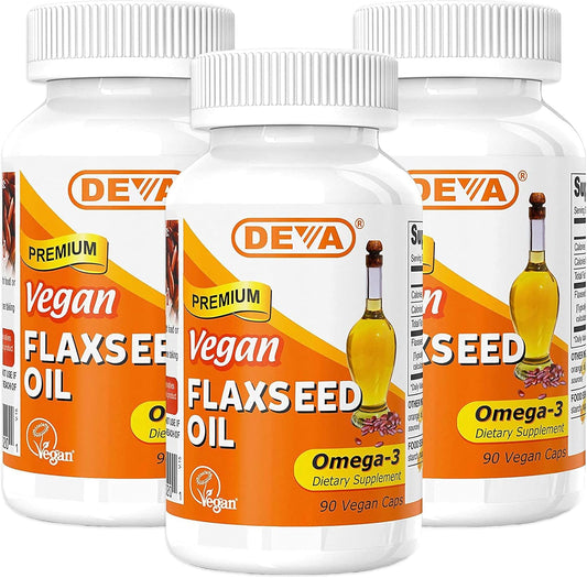 3 Packs of DEVA Organic Vegan Flax Seed Oil Capsules - Omega-3 Rich, Cold-Pressed & Unrefined - 270 Capsules Total