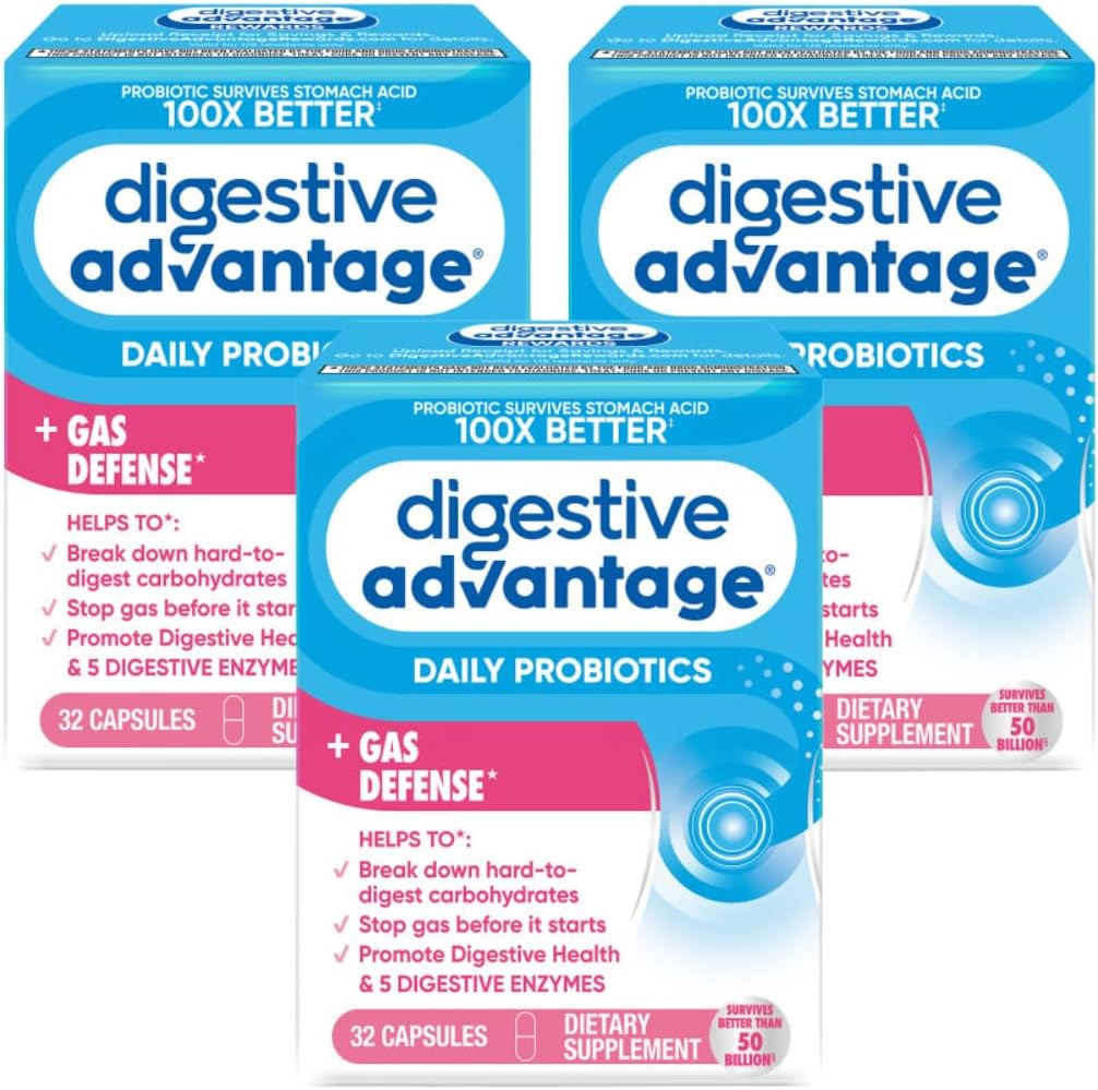 3 Packs of Digestive Advantage Fast Acting Enzymes and Probiotics Capsules for Gas Relief and Food Digestion (32 Count Each)