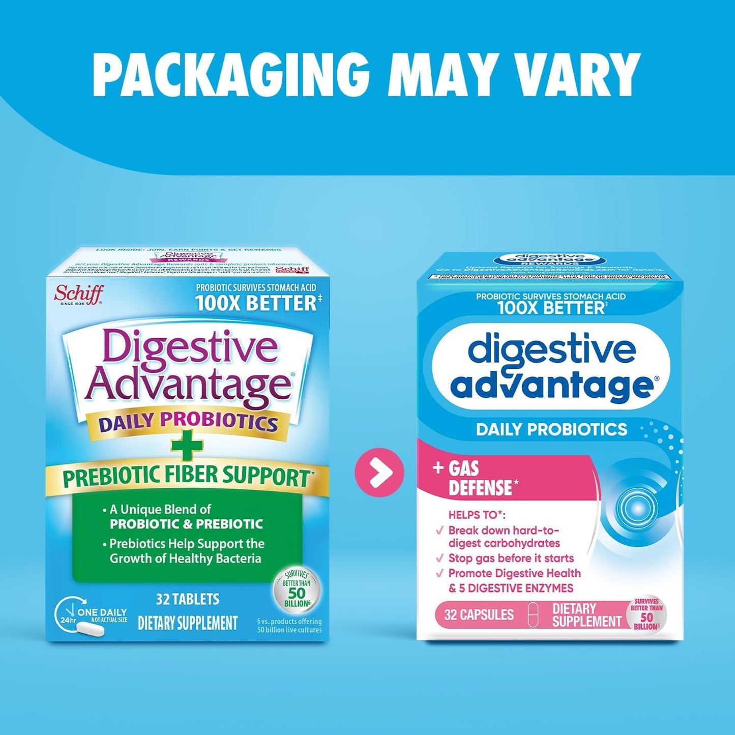 3 Packs of Digestive Advantage Fast Acting Enzymes and Probiotics Capsules for Gas Relief and Food Digestion (32 Count Each)