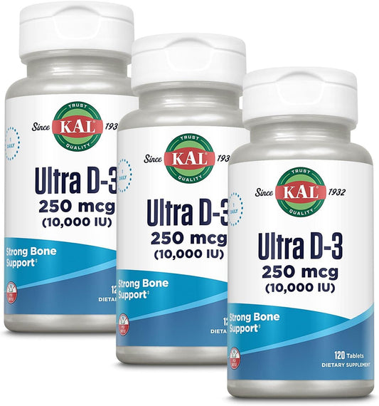 3 Packs of KAL 10000 Iu Ultra D-3 Tablets, 120 Count - Vitamin D Supplement for Bone Health and Immune Support