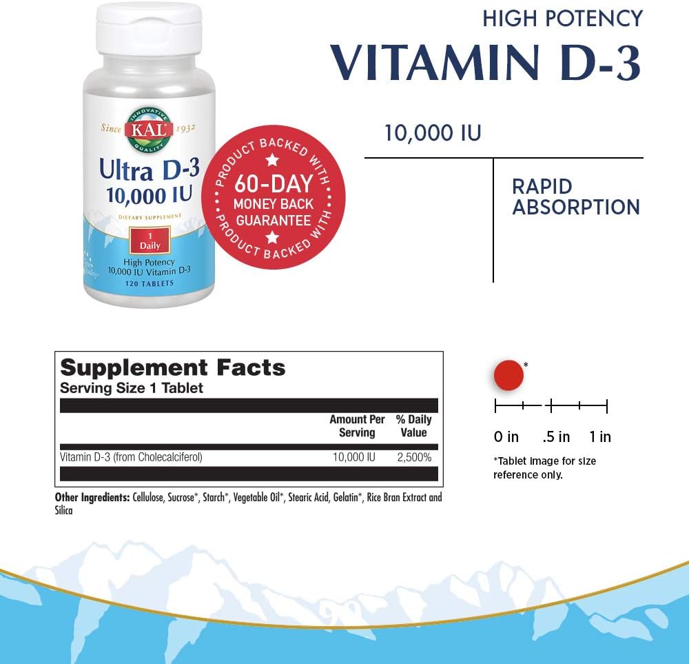 3 Packs of KAL 10000 Iu Ultra D-3 Tablets, 120 Count - Vitamin D Supplement for Bone Health and Immune Support