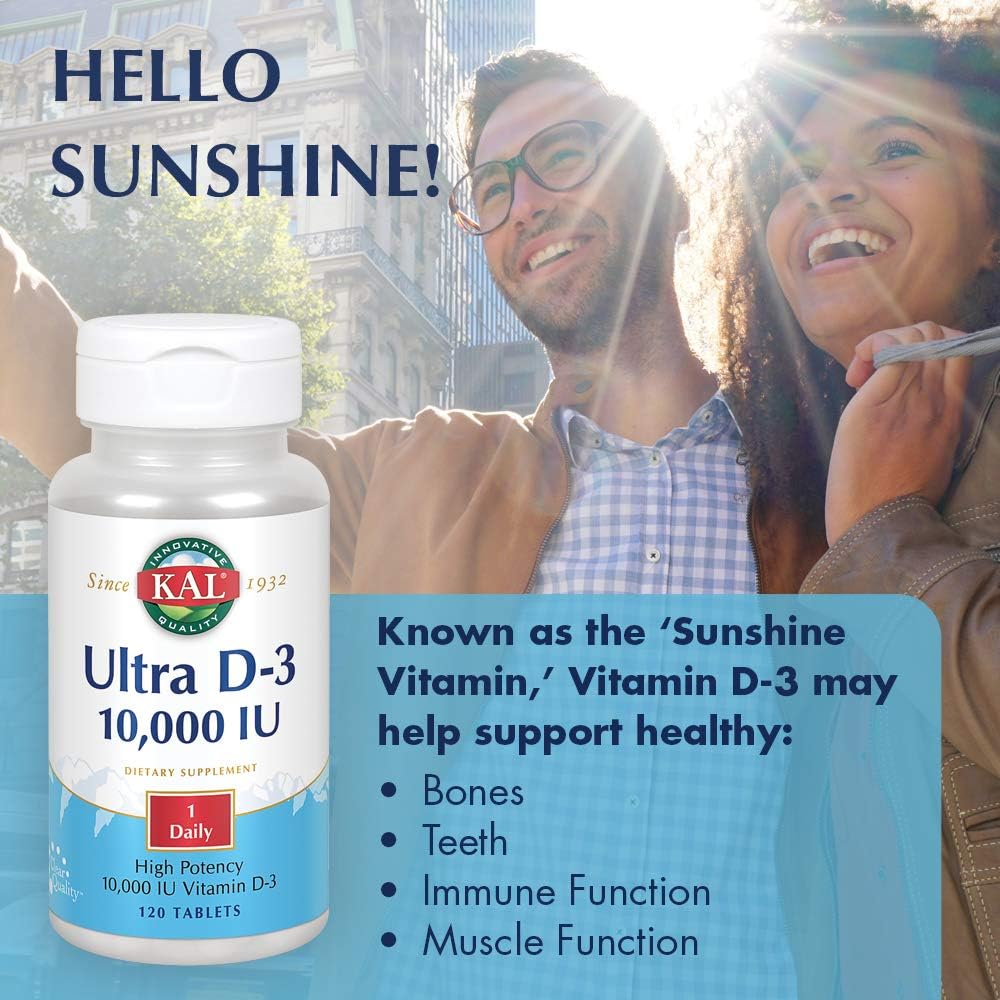 3 Packs of KAL 10000 Iu Ultra D-3 Tablets, 120 Count - Vitamin D Supplement for Bone Health and Immune Support