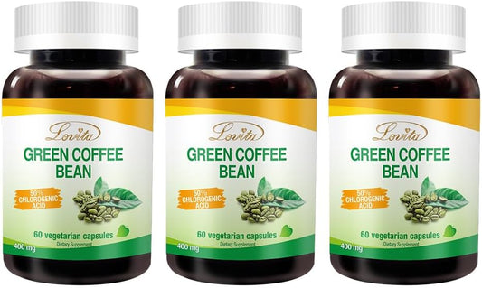 3 Packs of Lovita Green Coffee Bean Extract Capsules - Vegan-Friendly Antioxidant Supplement with 50% Chlorogenic Acid for High Potency - 180 Capsules Total