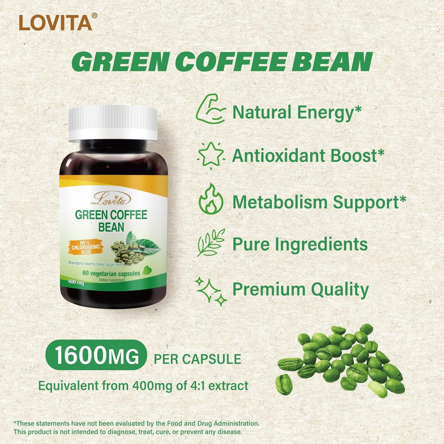 3 Packs of Lovita Green Coffee Bean Extract Capsules - Vegan-Friendly Antioxidant Supplement with 50% Chlorogenic Acid for High Potency - 180 Capsules Total