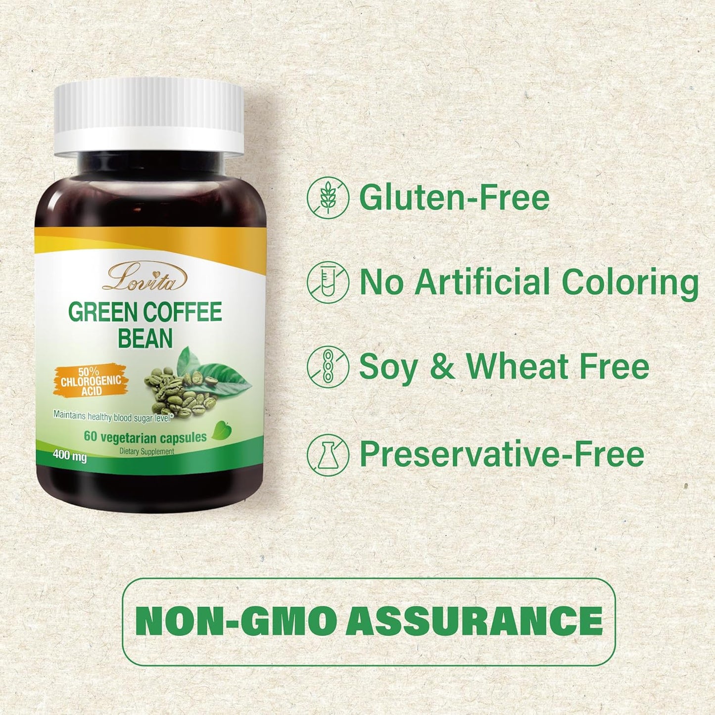 3 Packs of Lovita Green Coffee Bean Extract Capsules - Vegan-Friendly Antioxidant Supplement with 50% Chlorogenic Acid for High Potency - 180 Capsules Total