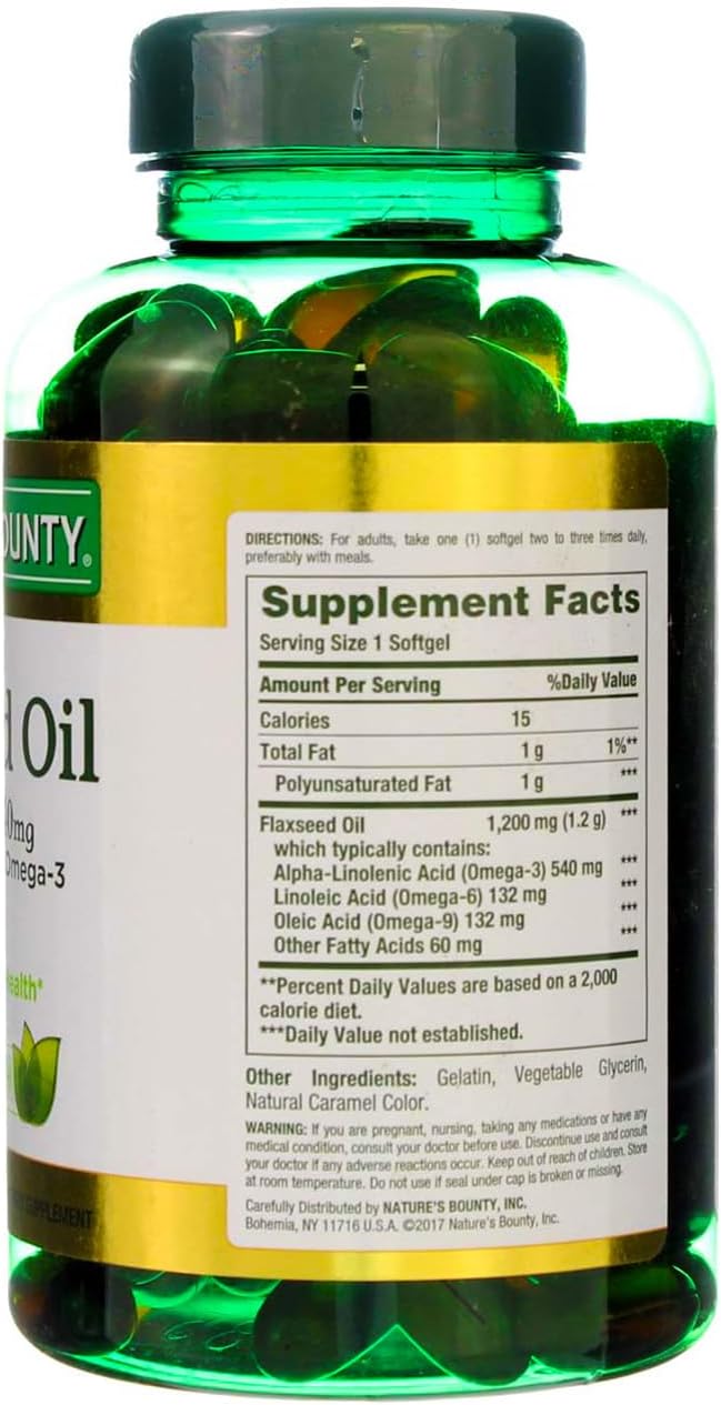 3 Packs of Nature's Bounty Flaxseed Oil 1200 mg, 125 Rapid Release Softgels - Total of 375 Softgels
