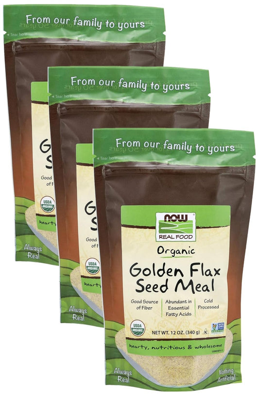 3 Packs of NOW Foods Organic Golden Flax Seed Meal, Cold-Processed, Non-GMO, 12-Ounce - Rich in Essential Fatty Acids and Fiber