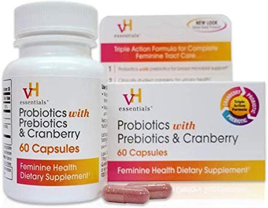 3 Packs vH essentials Probiotics with Prebiotics, Cranberry Feminine Health Supplement - 180 Capsules