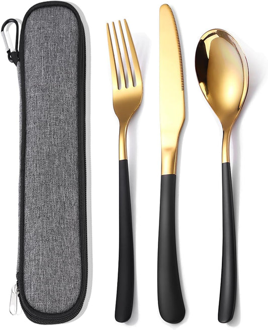 3-Piece Stainless Steel Cutlery Set with Case - Reusable Flatware for Work - Knife, Fork, Spoon - Black Gold Finish