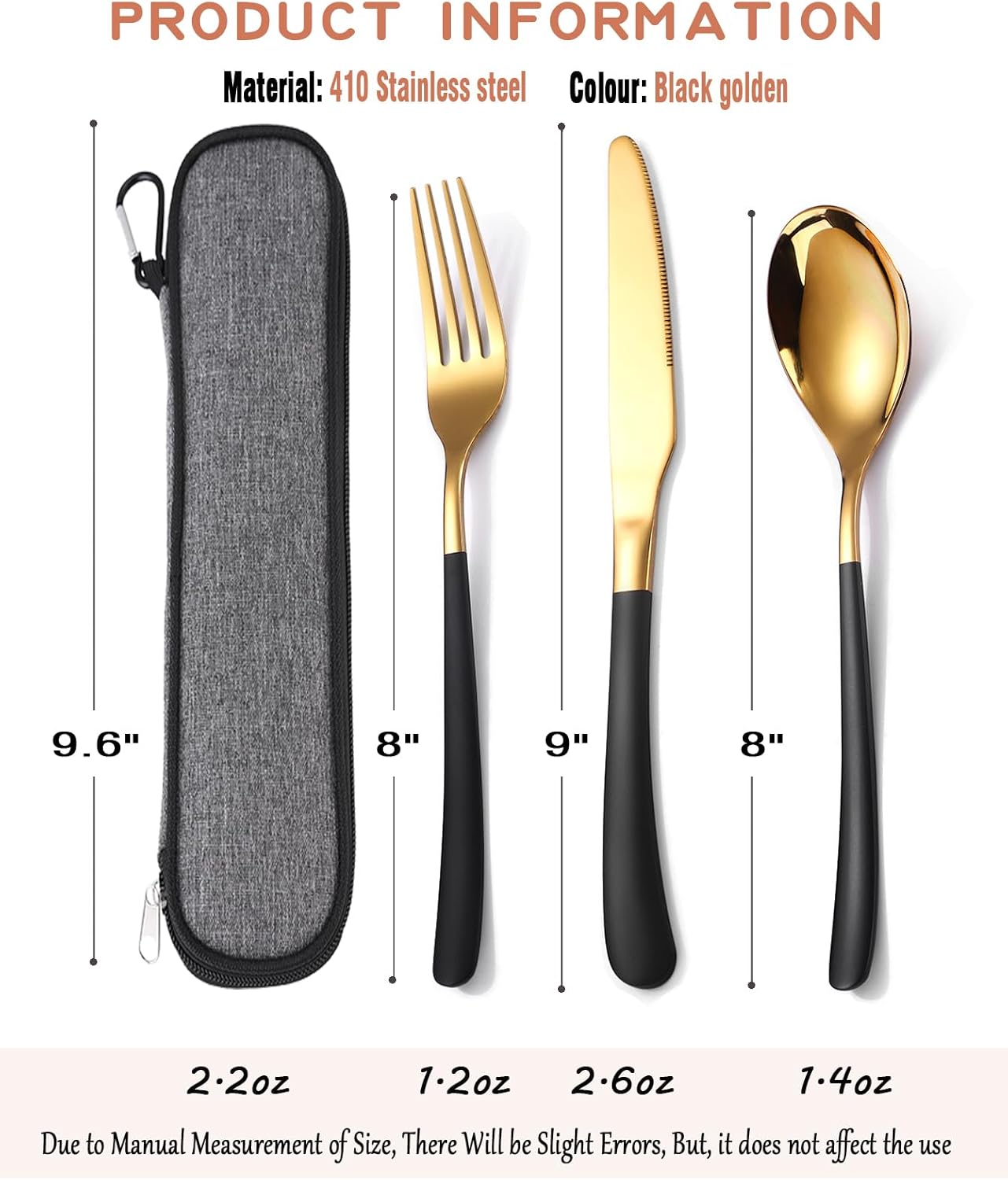 3-Piece Stainless Steel Cutlery Set with Case - Reusable Flatware for Work - Knife, Fork, Spoon - Black Gold Finish