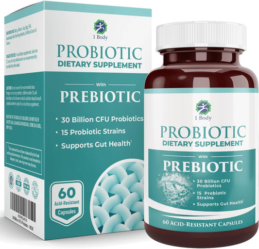 30 Billion CFU Probiotic with Prebiotics for Gut Health & Immune Support - Vegetarian Capsules for Women and Men - 60 Count