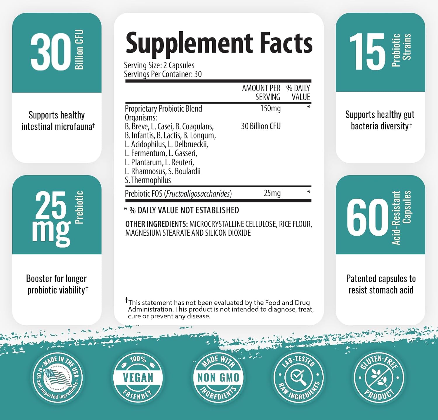 30 Billion CFU Probiotic with Prebiotics for Gut Health & Immune Support - Vegetarian Capsules for Women and Men - 60 Count