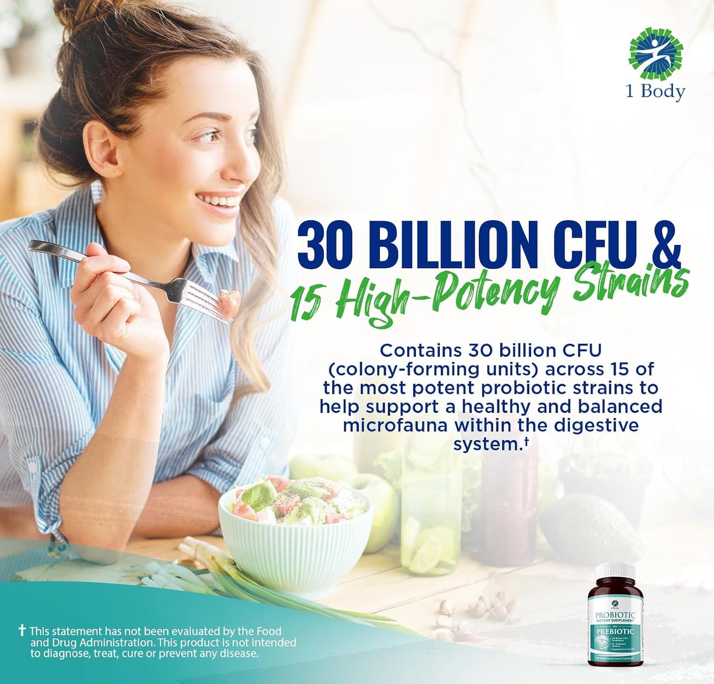 30 Billion CFU Probiotic with Prebiotics for Gut Health & Immune Support - Vegetarian Capsules for Women and Men - 60 Count
