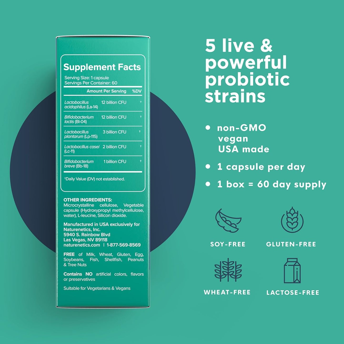 30 Billion CFU Probiotics for Digestive & Immune Health - 5 Strains, Individually Wrapped - Gluten & Dairy Free Vegan Capsules - 60 Day Supply